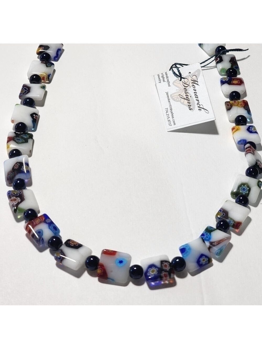 New Monarch Designs Millefiori glass square beaded necklace sterling findings